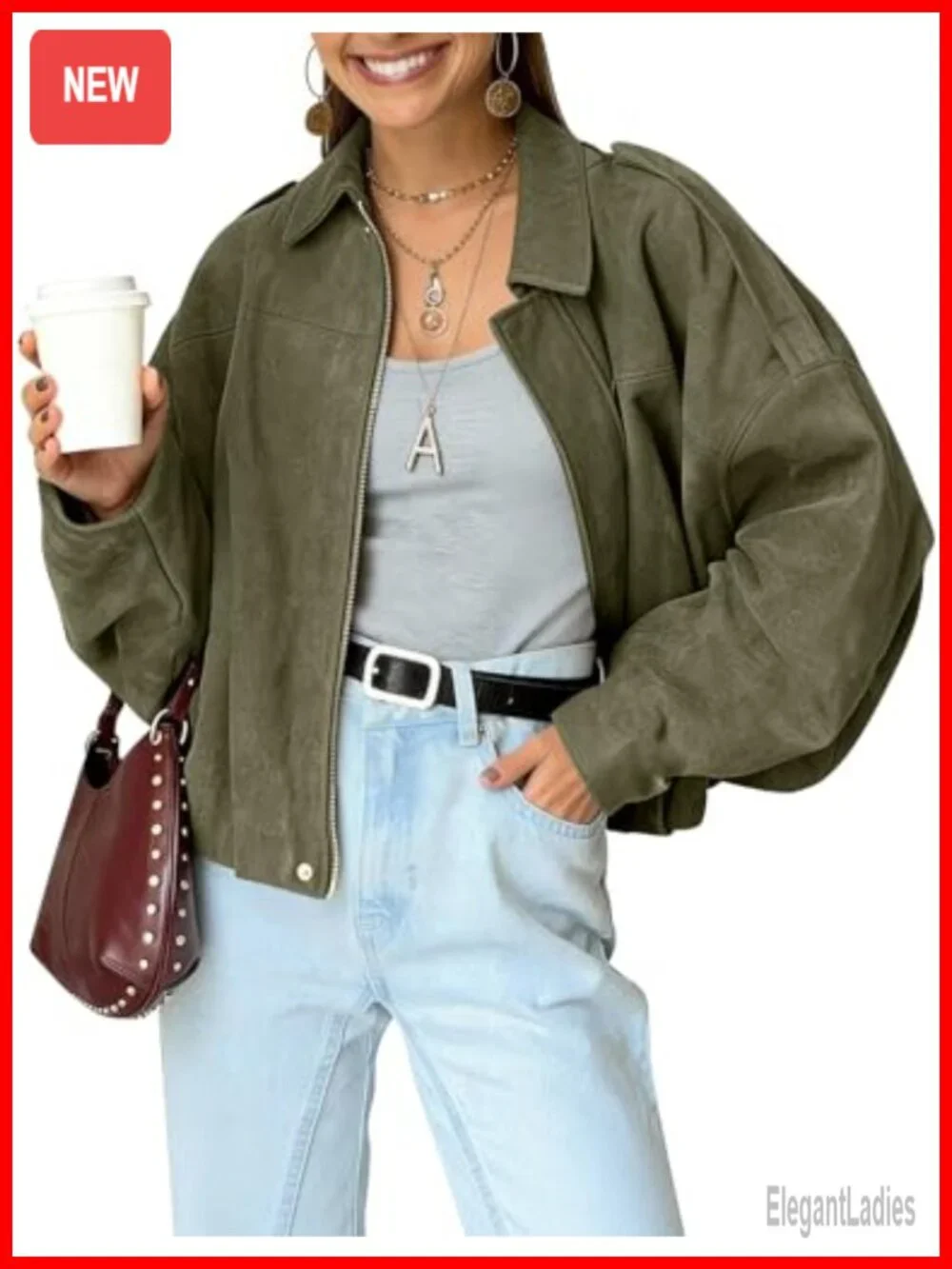 Women's Faux Suede Bomber Jacket Oversized Cropped Coat